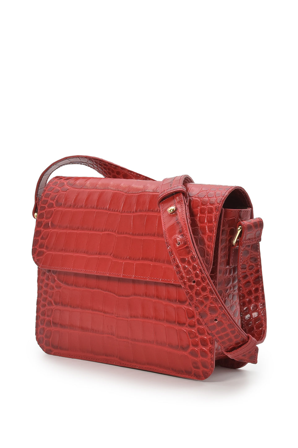 Square shoulder bag with printed red leather flap
