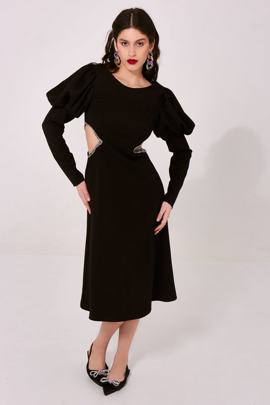 Silhouette high-waisted dress with buff sleeves and embroidered waistline