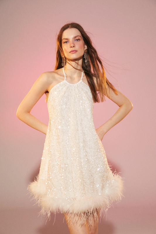 Yvonne Sequin Mini Dress in Crystal White