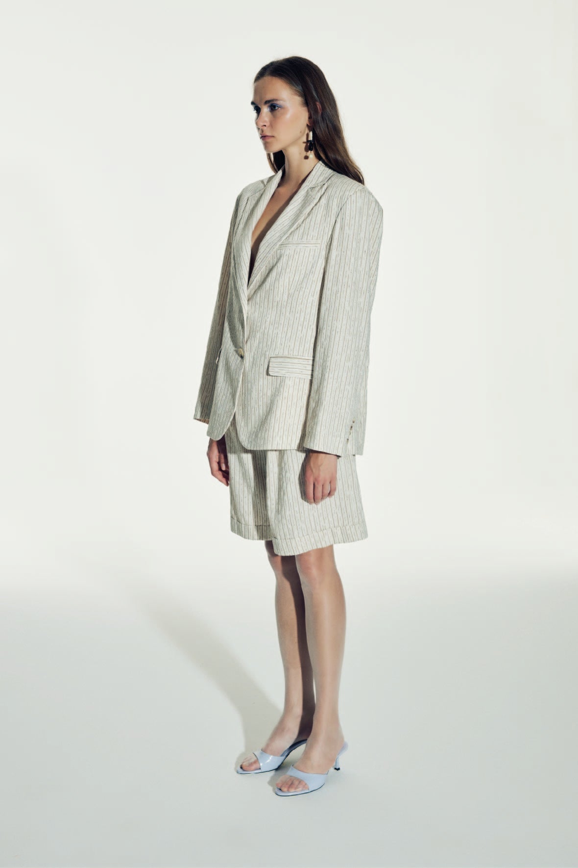 Boxy Striped Linen Jacket in Walnut