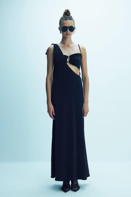 Grace Jersey Asymmetric Long Dress in Black