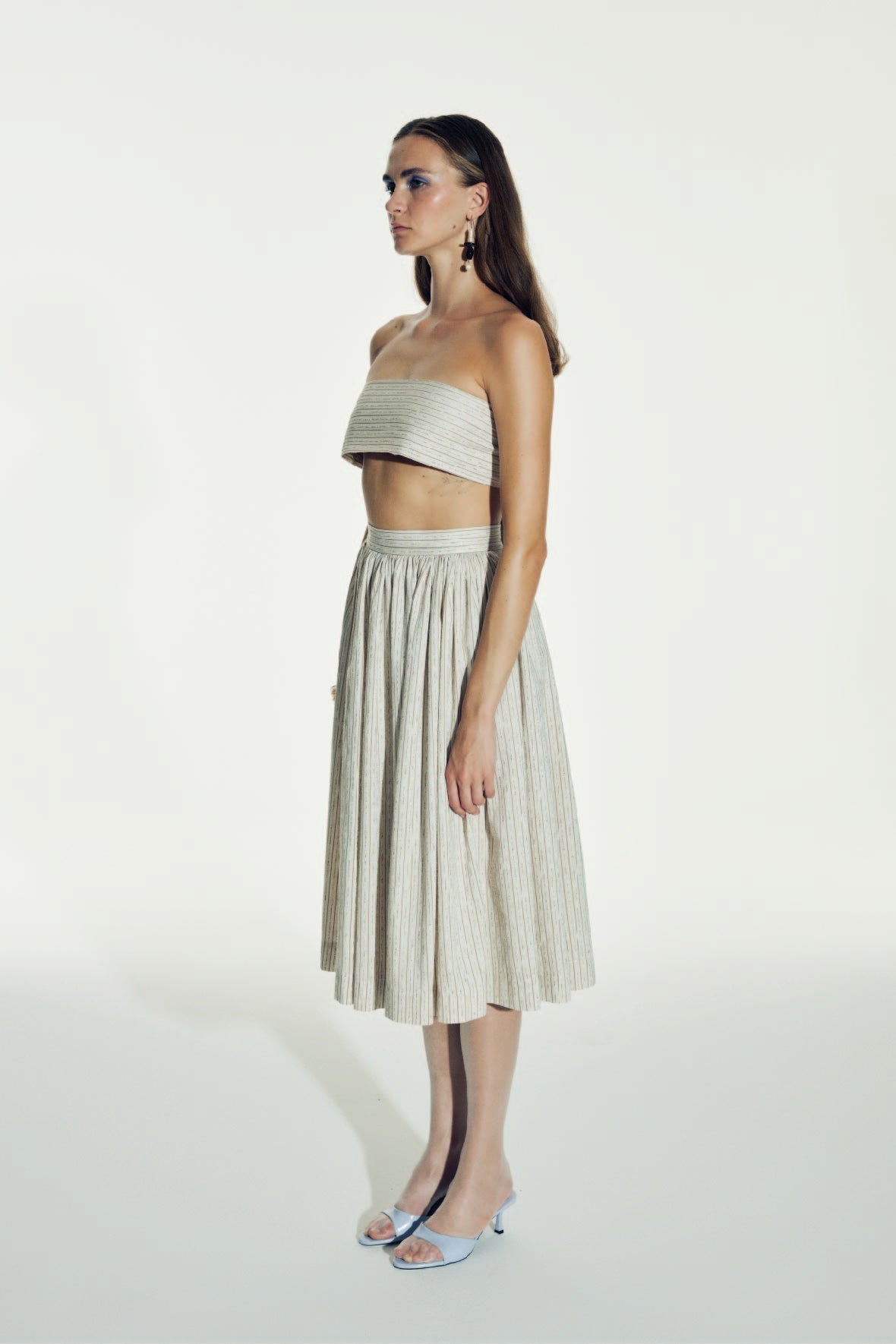 Lou Lou Striped Linen Midi Skirt in Walnut