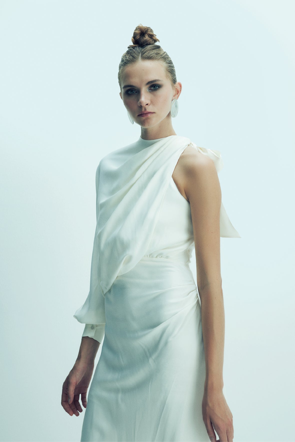 Emillien Asymmetric Satin Dress in White Swan