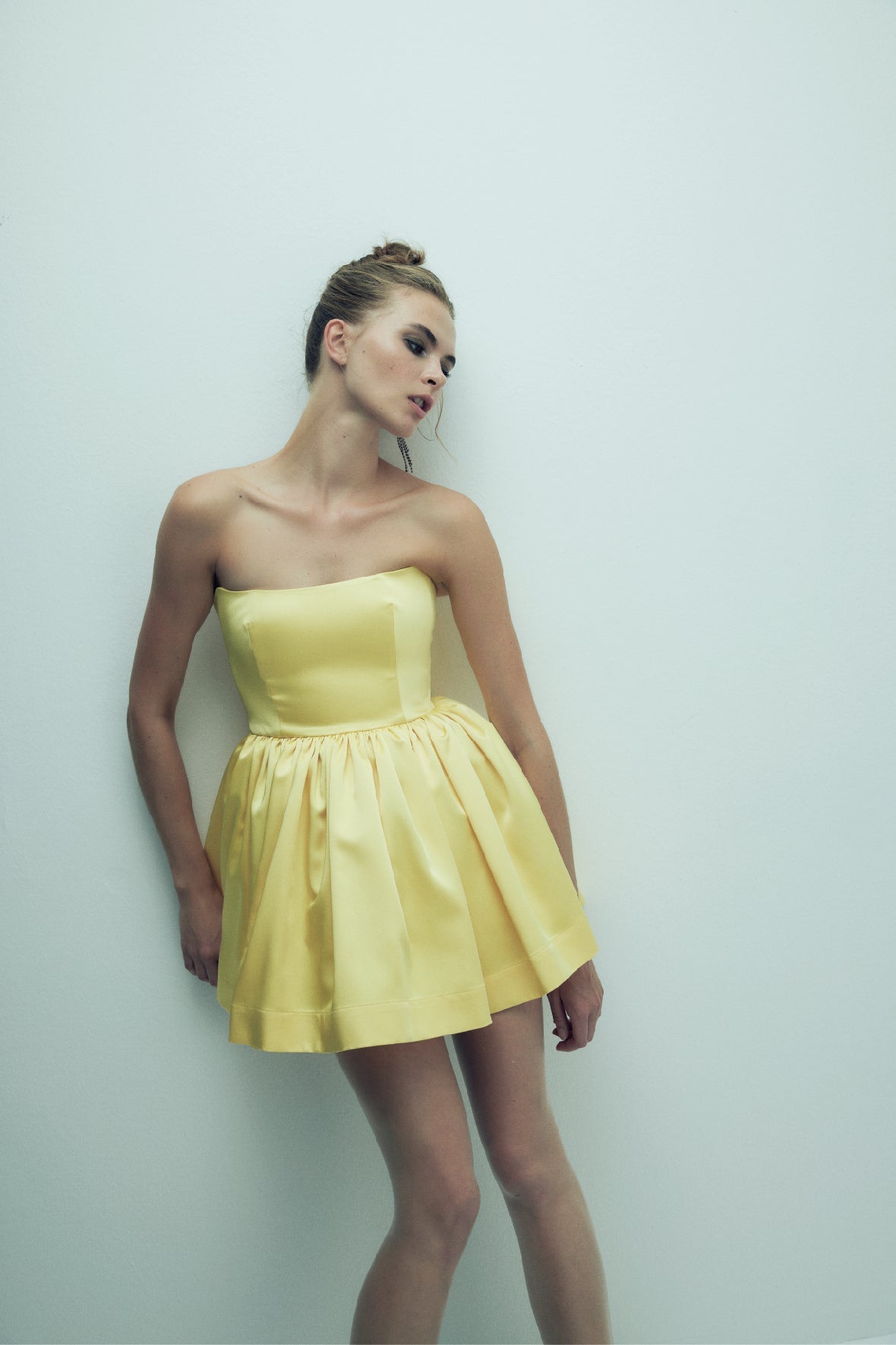 Sibby Strapless Satin Mini Dress in Marigold